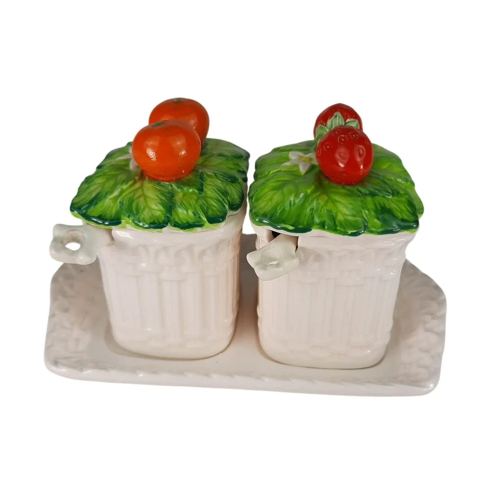 Strawberry & Orange Marmalade Ceramic Jelly Jam Jar Set w/ Spoons Mann Vintage